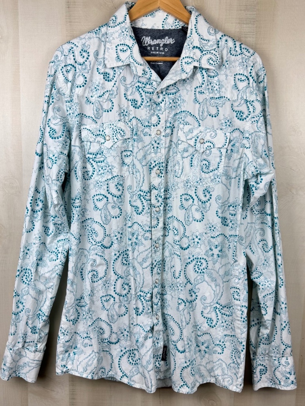 Wrangler Retro Mens Long Sleeve Western Shirt White Turquoise Paisley Large Tall